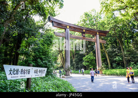 TOKYO, Giappone - 15 Maggio: i turisti a Torii, l'entrata che conduce al Tempio di Meiji tempio. Shibuya, Tokyo Foto Stock