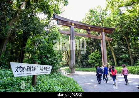 TOKYO, Giappone - 15 Maggio: i turisti a Torii, l'entrata che conduce al Tempio di Meiji tempio. Shibuya, Tokyo Foto Stock