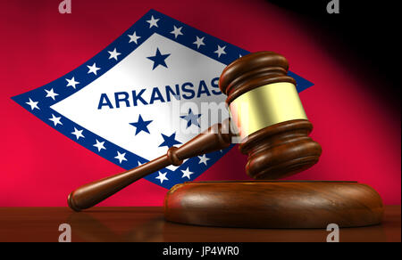Arkansas leggi dello stato, del sistema giudiziario e di giustizia concetto con un rendering 3D di un martello e di bandiera su sfondo. Foto Stock