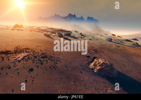 Pianeta Marte paesaggio tramonto, montagne e sparse meteorite rocce, 3d illustrazione Foto Stock
