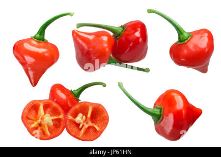 Chupetinho o Biquinho Cile Peperoncino (Capsicum chinense), intero e split. Percorso di clipping per ogni pod. Foto Stock