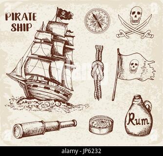 Set di vector vintage disegnati a mano i pirati gli elementi di design. Illustrazione Vettoriale