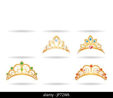 Princess golden diademi con diamanti isolati su sfondo bianco. Oro corone ragazze illustrazione vettoriale Illustrazione Vettoriale