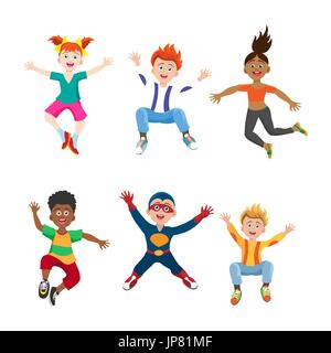 Happy jumping ragazze e ragazzi isolati su sfondo bianco, illustrazione vettoriale Illustrazione Vettoriale