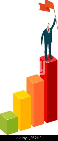 Imprenditore con bandiera si erge sulla cima. Il concetto di business. Infographics illustrazione vettoriale Illustrazione Vettoriale