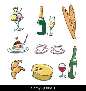 Disegnata a mano dolce cibo e bevande. Icone vettoriali di popolari piatti francesi in stile cartone animato Illustrazione Vettoriale