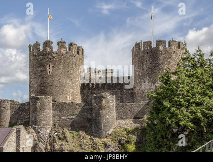 Sul lato anteriore di due torri di Conwy Castle, Galles del nord, completare con il Welsh flag su entrambe le torri. Immagine presa su un luminoso giorno di sole Foto Stock