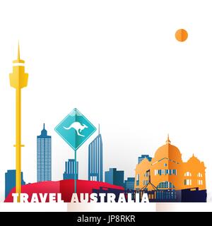 Viaggi Australia concetto illustrazione in carta tagliata stile, famosi punti di riferimento mondiale del paese australiano. Include la Torre di Sydney, canguro segno, Melbourn Illustrazione Vettoriale