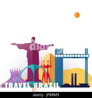 Brasile Viaggio concetto illustrazione in carta tagliata stile, famosi punti di riferimento mondiale del paese brasiliano. Include la statua del Cristo Redentore, Rio di montagna, Bra Illustrazione Vettoriale