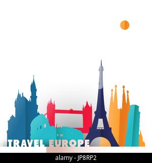 Viaggia in Europa concetto illustrazione in carta tagliata stile, famosi punti di riferimento mondiale dei paesi europei. Include la torre Eiffel, London Bridge, Roma colise Illustrazione Vettoriale