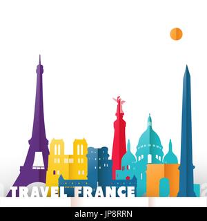 Viaggiare in Francia concetto illustrazione in carta tagliata stile, famosi punti di riferimento mondiale del paese francese. Include la torre Eiffel, Notre Dame, l'arco di trionfo Illustrazione Vettoriale