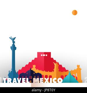 Viaggiare Messico concetto illustrazione in carta tagliata stile, famosi punti di riferimento mondiale del paese messicano. Include la piramide azteca, monumento a indipendenza, fi Illustrazione Vettoriale