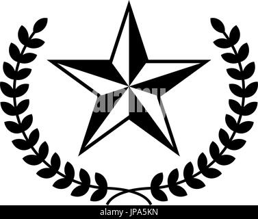 Stella a cinque punte icona vettore con corona di alloro. Stella nera su sfondo bianco. Illustrazione Vettoriale