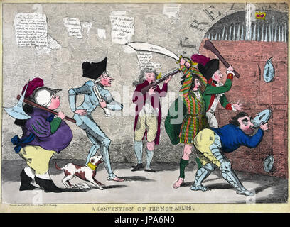 GEORGE CRUIKSHANK (1792-1878) Illustratore Inglese. " Una convenzione del Not-Ables' . Cartoon dal 1787 mostra Edmund Burke, Charles Fox. Signore a nord, il Principe del Galles e gli altri tentano di violare il Tesoro Reale Foto Stock