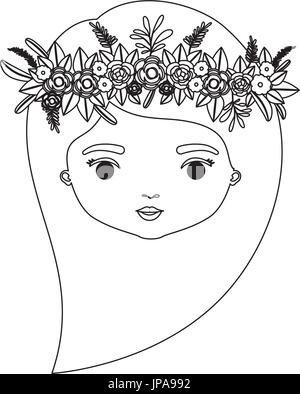 Silhouette monocromatiche di caricatura vista frontale volto donna con lato lungo di acconciatura corona e decorare con fiori Illustrazione Vettoriale