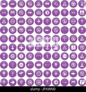 100 segnaletica stradale set di icone viola Illustrazione Vettoriale