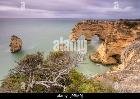 Alba luci su scogliere incorniciato dalle acque turchesi dell'oceano Praia da Marinha Caramujeira Lagoa comune Algarve Portogallo Europa Foto Stock