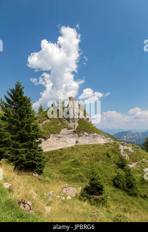 Il sentiero per la Baita Cornetto, sotto la Presolana montagna, Castione della Presolana, Val Seriana, distretto di Bergamo, Lombardia, Italia. Foto Stock