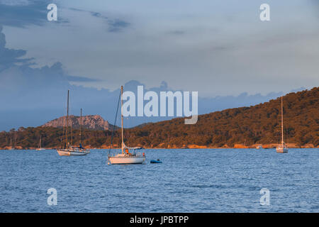 Ormeggio barche a vela durante il tramonto (Ile de Porquerolles, Hyeres, Tolone, Var reparto, Provence-Alpes-Côte d'Azur regione, Francia, Europa) Foto Stock