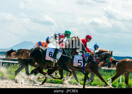 PYATIGORSK,RUSSIA - luglio 30,2017: corsa di cavalli per il tradizionale premio di grande estate - la più antica e la più grande ippodromi in Russia. Foto Stock