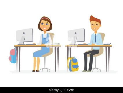 Studi di computer - senior scuola bambini al PC Illustrazione Vettoriale