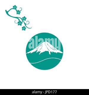 Carino illustrazione del ramo di fiori di ciliegio e il Monte Fuji. Set di Giappone tradizionali elementi di design. Illustrazione Vettoriale