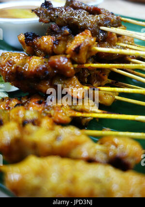 Carni di montone e di pollo satay con un trito di cetrioli e cipolle Foto Stock