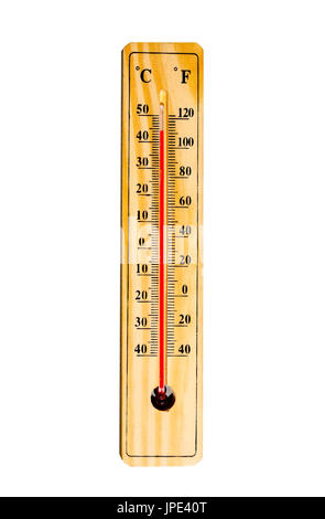 Termometro a mercurio marcatura 44 gradi Celsius, 112 gradi Fahrenheit isolato su uno sfondo bianco. L'estate calore mostrato sul termometro a mercurio. Foto Stock