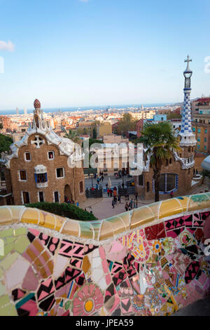 Barcellona, Parco Guell, Spagna. Dettagli del modernismo parco progettato da Antonio Gaudi Foto Stock