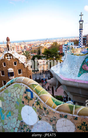 Barcellona, Parco Guell, Spagna. Dettagli del modernismo parco progettato da Antonio Gaudi Foto Stock