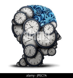 Pensando di business il concetto di tempo come un gruppo di oggetti di orologio a forma di una testa umana con gli ingranaggi e ruote cog come all'interno del cervello. Foto Stock