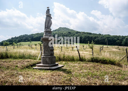 Statua di Sv. Antonin Paduansky costruite nel XVIII secolo vicino Kocourov villaggio in Ceske Stredohor montagne in ceco republici con giovani andLhot Orchard Foto Stock