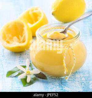 Bella banner per il sito web con la deliziosa casa cagliata di limone in un vaso e limoni freschi sulla luce blu distressed sfondo. Con abbondanza di copia sp Foto Stock