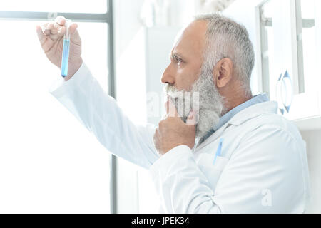 Senior Scientist barbuto in camice bianco e pensare guardando il tubo con il reagente in laboratorio chimico Foto Stock