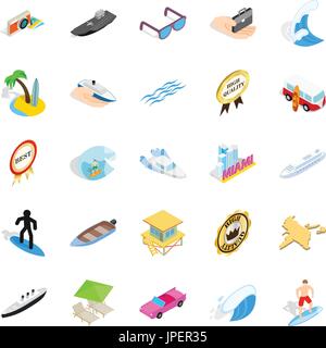 Vacanze in spiaggia set di icone, stile isometrico Illustrazione Vettoriale