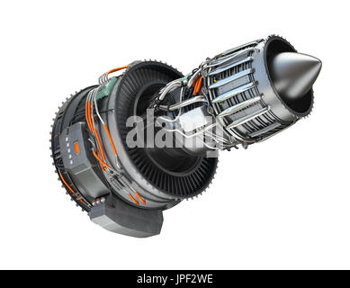 Turbofan jet motore isolato su sfondo bianco. Il rendering 3D'immagine. Foto Stock