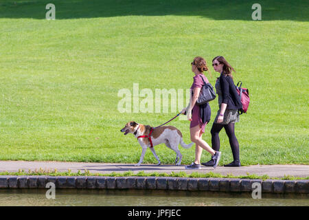 Abington Park, Northampton, meteo, 1 agosto 2017. Il sole di questa mattina con la luce delle nuvole e ora di nuovo la previsione per il giorno. 2 amiche a piedi un cane intorno al lago in barca sotto il sole. Credito: Keith J Smith./Alamy Live News Foto Stock