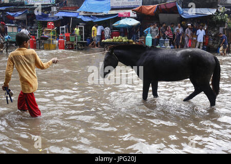 2 agosto 2017 - Dhaka, Bangladesh - Un ragazzo disegnato un cavallo quando la strada è stato inondato a causa di acqua di pioggia a Dhaka. Il Monsone del Bangladesh stagione di solito avviene tra giugno e luglio. (Credito Immagine: © Md. Mehedi Hasan via ZUMA filo) Foto Stock