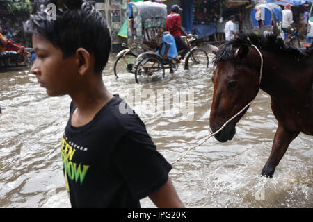 2 agosto 2017 - Dhaka, Bangladesh - Un ragazzo disegnato un cavallo quando la strada è stato inondato a causa di acqua di pioggia a Dhaka. Il Monsone del Bangladesh stagione di solito avviene tra giugno e luglio. (Credito Immagine: © Md. Mehedi Hasan via ZUMA filo) Foto Stock