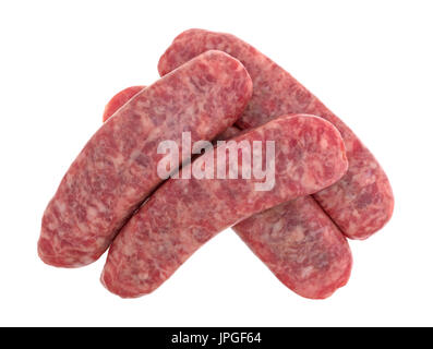 Vista superiore del più lieve salsicce bratwurst isolato su uno sfondo bianco. Foto Stock