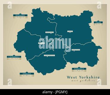 Mappa moderno - West Yorkshire metropolitan county con etichette di distretto England Regno Unito Illustrazione Vettoriale