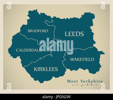 Mappa moderno - West Yorkshire metropolitan county con didascalie distirct England Regno Unito Illustrazione Vettoriale