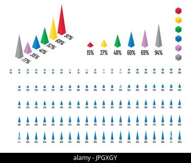 Set di 3D isometrica piramide percentuale grafico a barre da 0 a 100 pronto per l'uso per il web design, l'interfaccia utente (UI) o una infografica Illustrazione Vettoriale