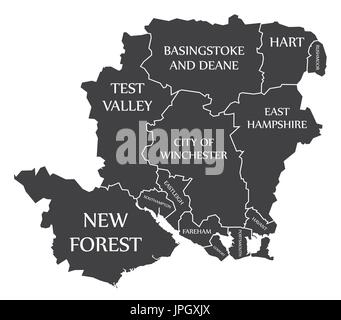 La contea di Hampshire Inghilterra mappa nero con etichette bianche illustrazione Illustrazione Vettoriale