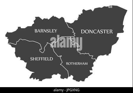 Il South Yorkshire metropolitan county Inghilterra mappa nero con etichette bianche illustrazione Illustrazione Vettoriale