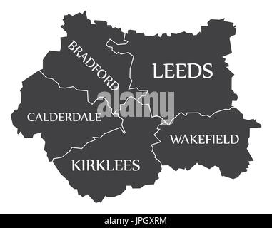 West Yorkshire metropolitan county Inghilterra mappa nero con etichette bianche illustrazione Illustrazione Vettoriale