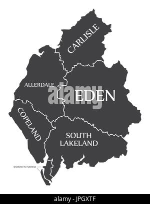 La contea di Cumbria Inghilterra mappa nero con etichette bianche illustrazione Illustrazione Vettoriale