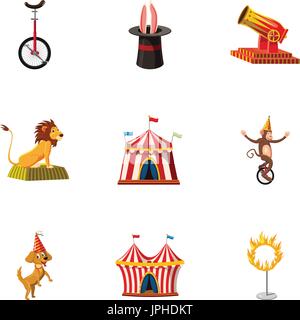 Circus mostra icone set, stile cartoon Illustrazione Vettoriale