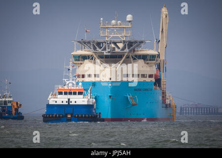 Il cavo laici, nave Maersk connettore, installando il Walney 3 cavo di esportazione. La fattoria eolica diventerà parte del del parco eolico offshore più grande del mondo e si trova al largo della costa della Cumbria, Regno Unito Foto Stock