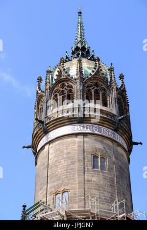 La torre della chiesa in Wittenberg dove Martin Lutero predicava Foto Stock